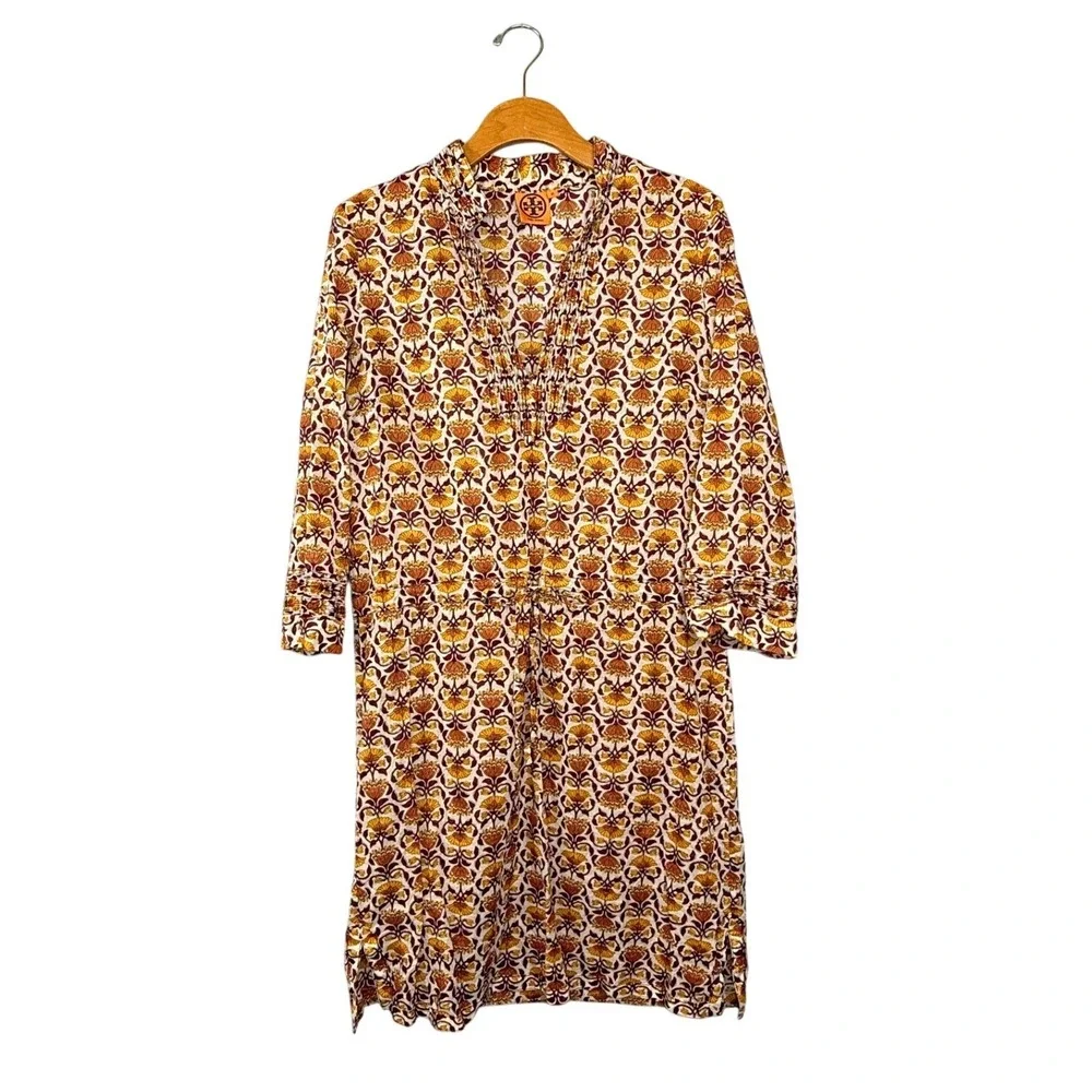 Tory Burch Tunic Dress Women 12 Orange Floral Cotton V-Neck Long Sleeve Boho